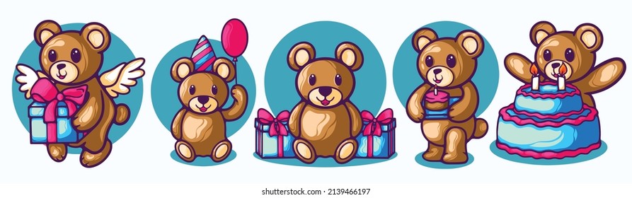 bear birthday cartoon character poses vector illustration