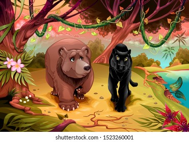 Bär und schwarzer Panther, der im Wald zusammen spaziert. Cartoon-Vektorgrafik
