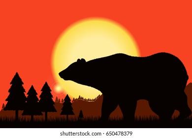 Bear black silhouette on background of the sunset and mountain landscape - rock, woods, forest. Vector illustration.