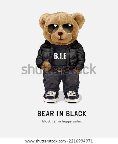 bear in black slogan with cool bear in black outfit vector illustration