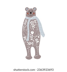 Bear black and white illustration with white floral elements. Cute cartoon character. Isolated vector illustration. Cute Woodland Animal Illustration.