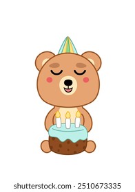 O urso está soprando as velas do bolo de aniversário. Desenho animado, kawaii, Ilustração vetorial isolada eps 10