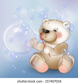 Bear blows bubbles. Vector illustration. The blue background.