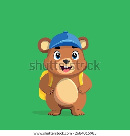 Bear in a blue cap with a satchel is a cheerful character for a cartoon or game flat design