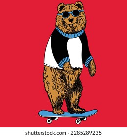 BEAR WITH BLUE GLASSES AND SKATEBOARD AND IN A WHITE SHIRT WITH BLACK SLEEVES