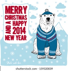 Bear in blue knitted hat and sweater. Merry Christmas and Happy New Year greeting  card. 