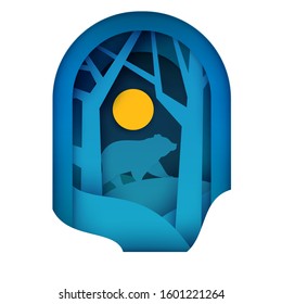 Bear in blue night forest. Paper cut trendy craft cartoon style. Minimalistic creative modern design for advertising, branding background greeting card, cover, poster, banner. Vector illustration.
