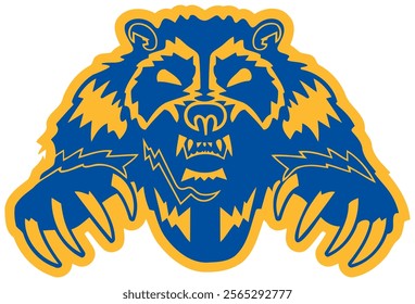 bear in blue and yellow colors. The bear is growling with its claws extended forward, creating an aggressive and dynamic impression. This logo likely represents a sports team.