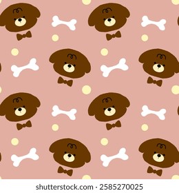 Bear, Bone, Bow on pink background, Fabric pattern, Wrapping paper pattern, Notebook cover , seamless pattern 