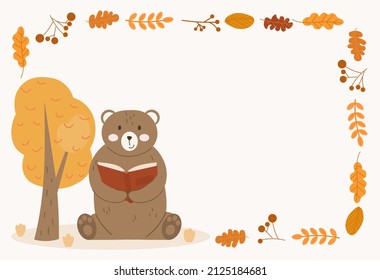 Bear with book. Cute and stylish pictures for childrens. Animal sits under tree, education concept. Love for literature and design of greeting or invitation cards. Cartoon flat vector illustration