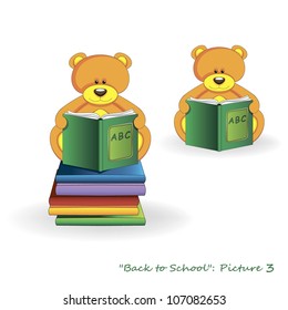 bear with a book and teddy bear sitting on a pile of books