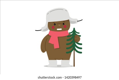 bear in boots and hat with Christmas tree