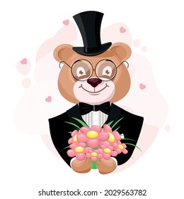 Bear with a bouquet of flowers. Bear gentleman wearing a tselindre hat and glasses. Vector illustration in cartoon style.