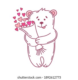Bear with a bouquet of hearts on a white background. Outline.  Picture for superimposing photos, printing greeting cards, flyers, posters. Vector illustration.