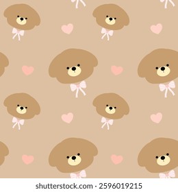 Bear, Bow, Heart on brown Background, Fabric Pattern, Seamless Pattern, Gift Wrapping Paper