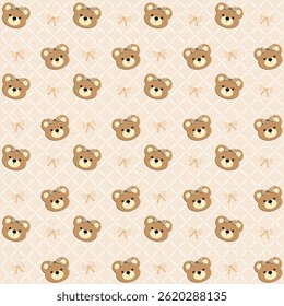 Bear, Bow on brown Background, White Checkered Pattern, Fabric Pattern, Gift Wrapping Paper , Seamless Pattern 