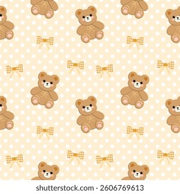 Bear, Bow on Orange Polka Dot Background, Fabric Pattern, Gift Wrapping Paper, Seamless Pattern