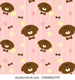 Bear, Bow on pink background, Pink stripes, Fabric pattern, Gift wrapping paper, Notebook cover, Phone case , seamless pattern 