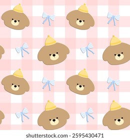 Bear,  bow on pink background, fabric pattern, gift wrap pattern, seamless pattern