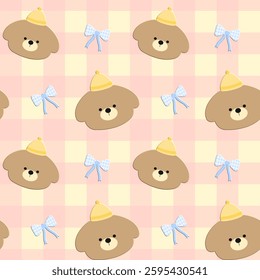 Bear,  bow on pink background, fabric pattern, gift wrap pattern, seamless pattern