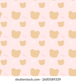 Bear, Bow on Pink Background, Fabric Pattern, Wrapping Paper, Seamless Pattern