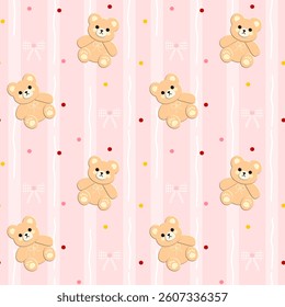 Bear, Bow on pink background, Fabric pattern, Gift wrapping paper, Seamless pattern