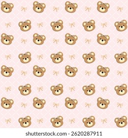 Bear, Bow on Pink Background, White Checkered Pattern, Fabric Pattern, Gift Wrapping Paper , Seamless Pattern 