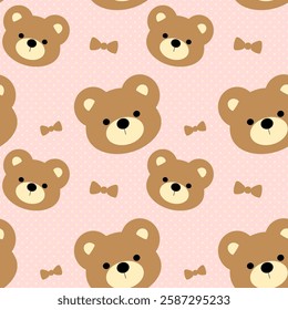 Bear Bow on Pink Polka Dot Background , Fabric Pattern , Gift Wrapping Paper , seamless pattern 