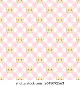 Bear bow on white background, pink checkered pattern, fabric pattern, gift wrapping paper , seamless pattern 