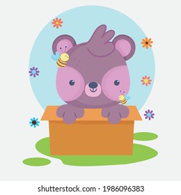 bear in box with flowers cartoon