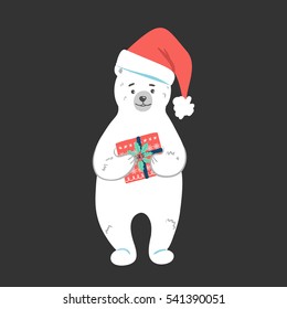 Bear with box and hat. Vector winter holidays element.