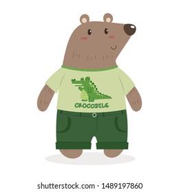 Bear boy with clothes and accessories cartoon. Cute bear cartoon vector illustration isolated on white background. Teddy bear wearing t-shirt and trousers.