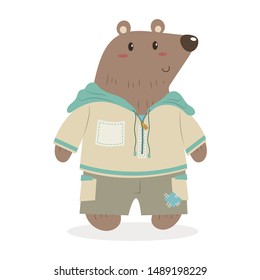 Bear boy with clothes and accessories cartoon. Cute bear cartoon vector illustration isolated on white background. Teddy bear wearing hood shirt.