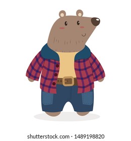 Bear boy with clothes and accessories cartoon. Cute bear cartoon vector illustration isolated on white background. Teddy bear wearing shirt and jeans.