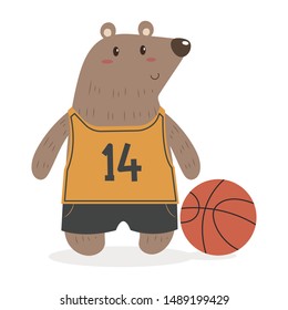 Bear boy with clothes and accessories cartoon. Cute bear cartoon vector illustration isolated on white background. Teddy bear wearing basketball suit. 