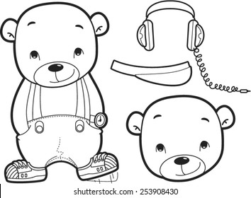 Bear boy cute with hat and headphone black and white outlined vector.