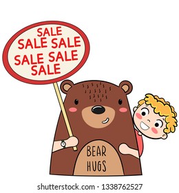 Bear with boy hand holding banner badge and dialog bubble with message
