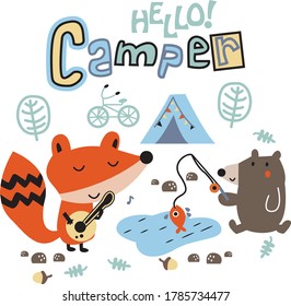 
bear boy pattern playing guitar playing fox in lake