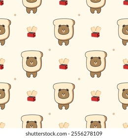 Bear in bread cartoon so cute. On toaster bread background. Pattern seamless vector illustration. 
