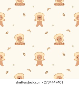 Bear and bread cartoon so cute. On croissant star background. Pattern seamless vector illustration. 