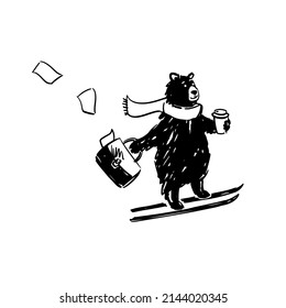 Bear with briefcase on skis.