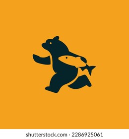 Bear bring fish logo run design illustration