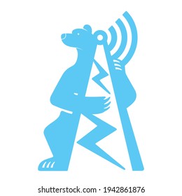 Bear Broadcast. Bear Hiding Behind Wifi Tower