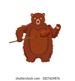 Bear with a broom, guarding his property. Cartoon bear on a white background.