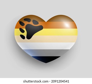 Bear brotherhood flag of heart shape glossy badge. Official flagl of Lgbt community, symbol of gay bear subculture realistic vector illustration. Pride, freedom, rights, love, equality 3d button