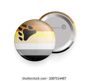 Bear brotherhood round glossy metallic 3d badge mockup. Bear brotherhood flag, official symbol of gay bear subculture. Front and back side of pin button realistic vector illustration