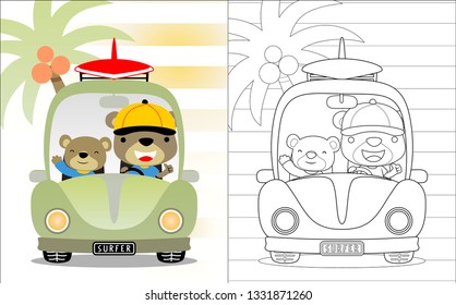 Bear brothers cartoon on car, coloring book or page