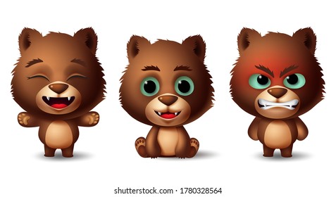 Bear brown animals character vector set. Grizzly bears animal kids characters in sitting and standing pose and gestures with different facial expressions like angry, cute and happy.