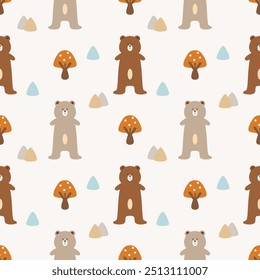 Bear brown cartoon so cute. On tree mountain background. Welcome autumn. Pattern seamless vector illustration. 
