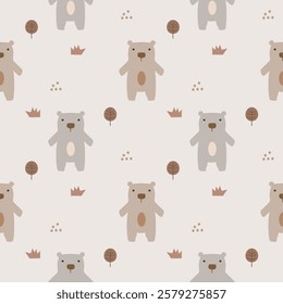 Bear brown cartoon so cute. On tree grass background. Pattern seamless vector illustration. 
